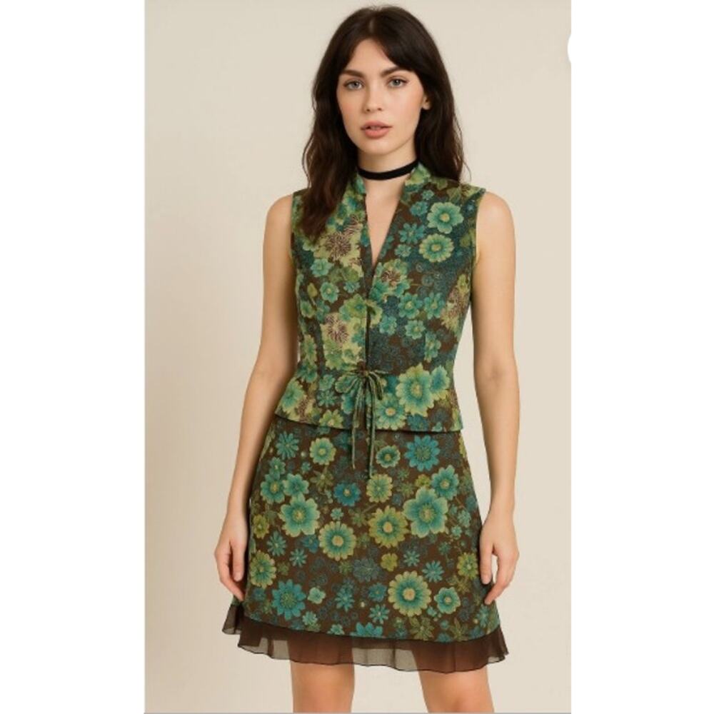 Wrapper Vtg Y2k Preppy Green Metallic Floral Whimsygoth Set‎ Top & Skirt Size XL